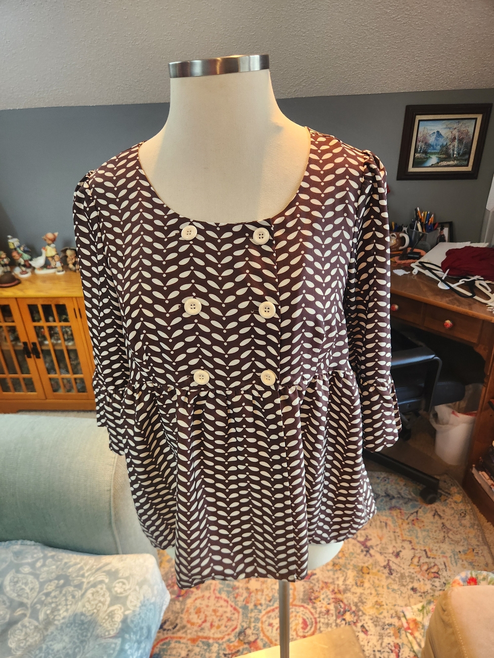 Naomi Women’s Brown Patterned Button-Front Blouse Vintage Retro Large Mod
